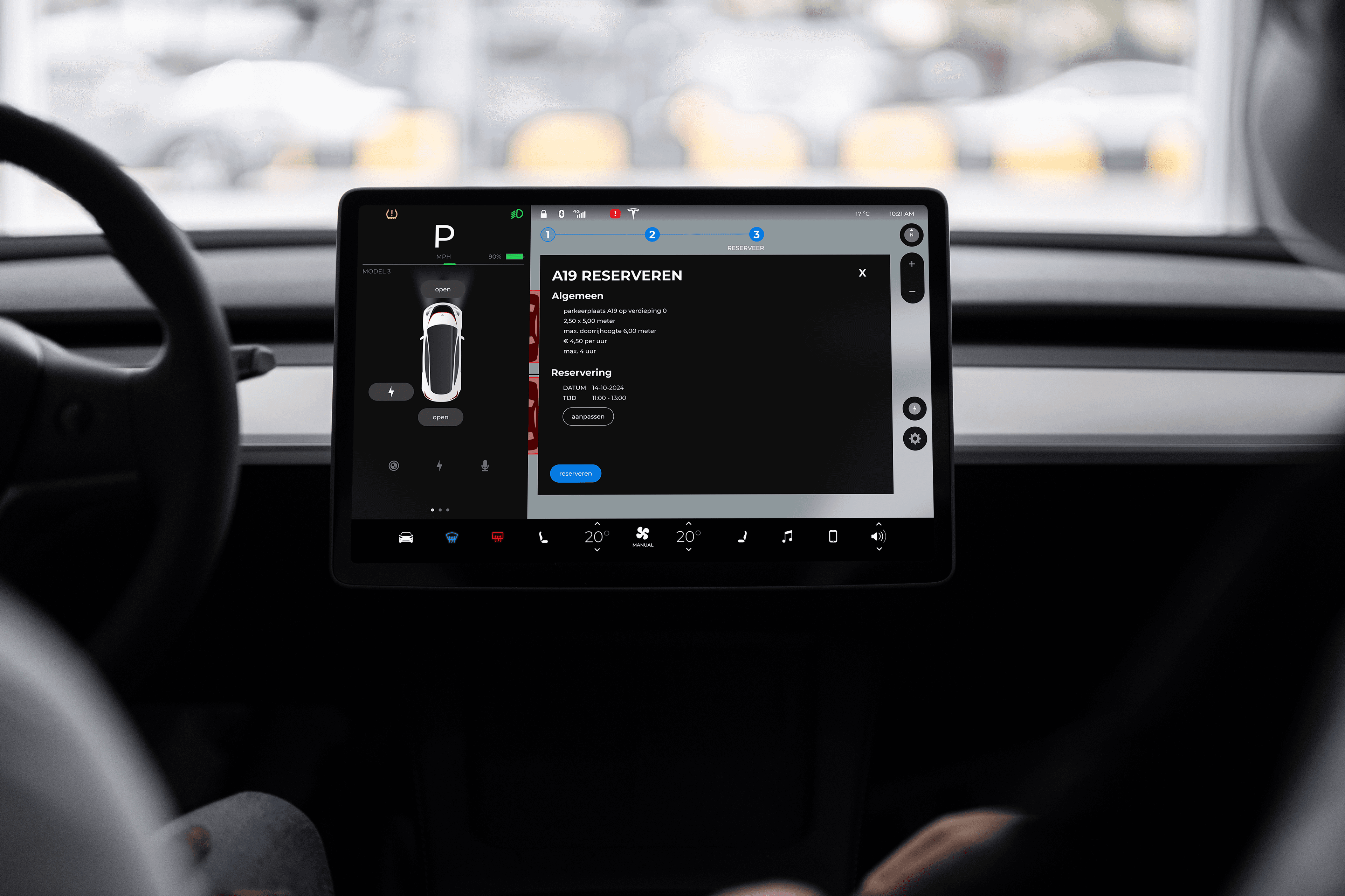 A parking app displayed on a Tesla screen