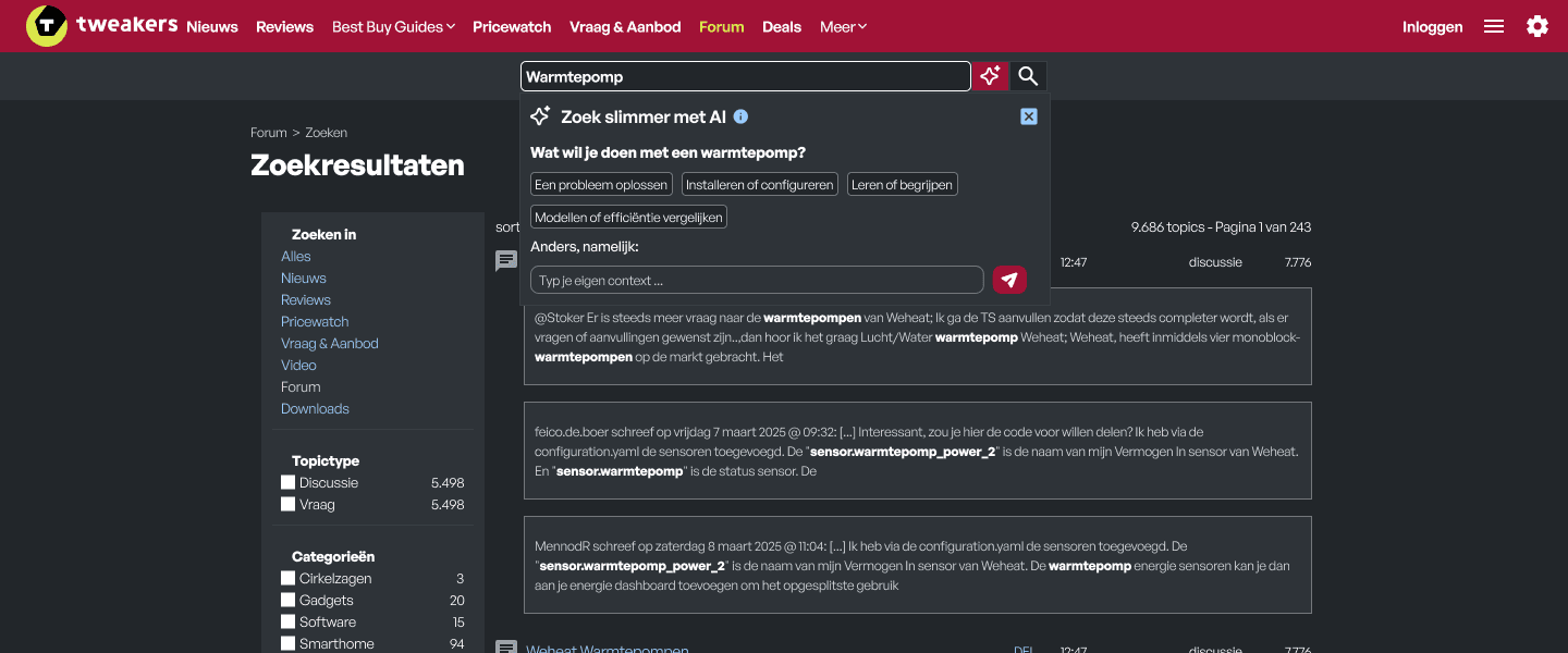 A mockup of the Tweakers website with the final select design of the search assistant