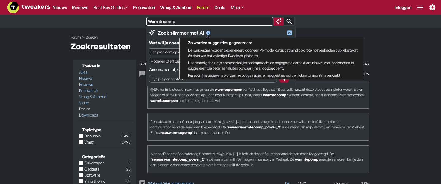 A mockup of the Tweakers website with the final select design of the search assistant in hover state
